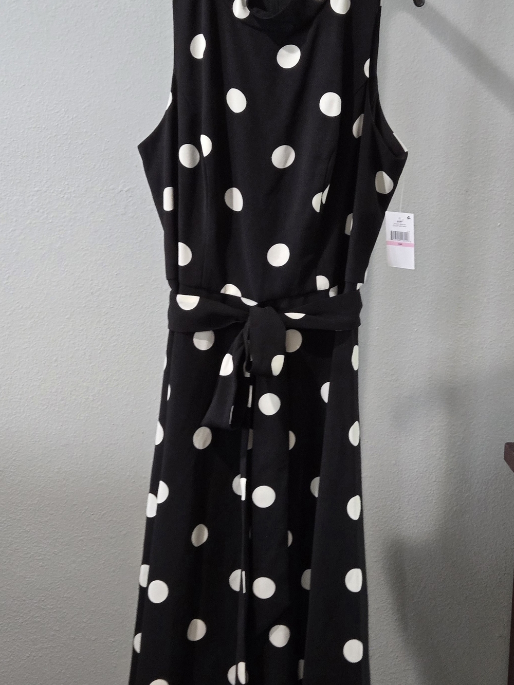 SLNY Black and White Polka Dot Sleeveless Maxi with Waist Tie